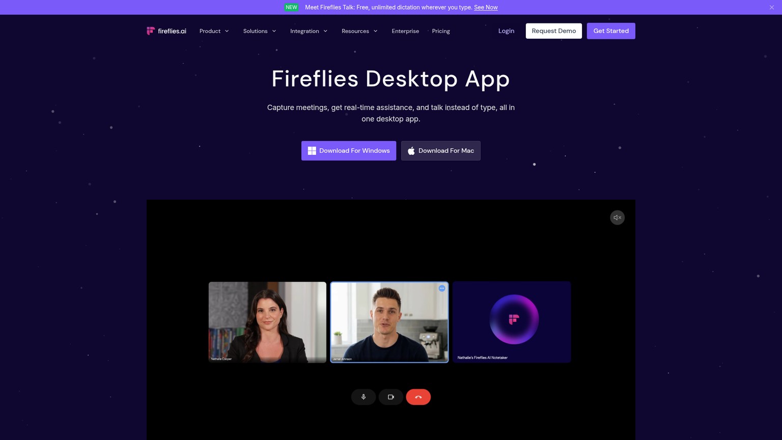 Página do app Fireflies para computador mostrando gravação de reuniões sem bot no Mac e no Windows
