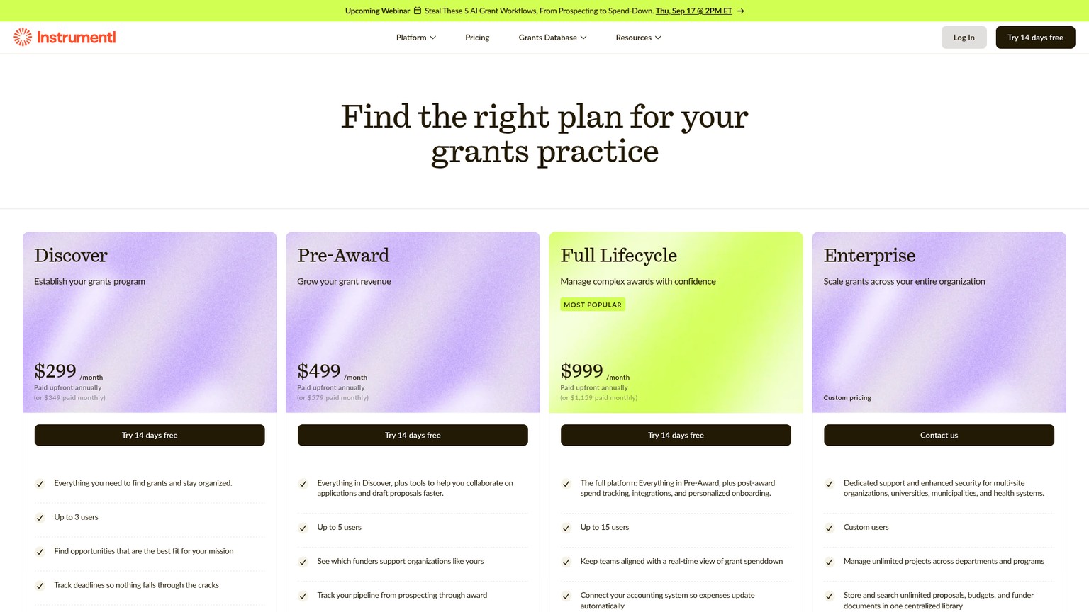 Instrumentl pricing page with Discover, Pre-Award, Full Lifecycle, and Enterprise plans