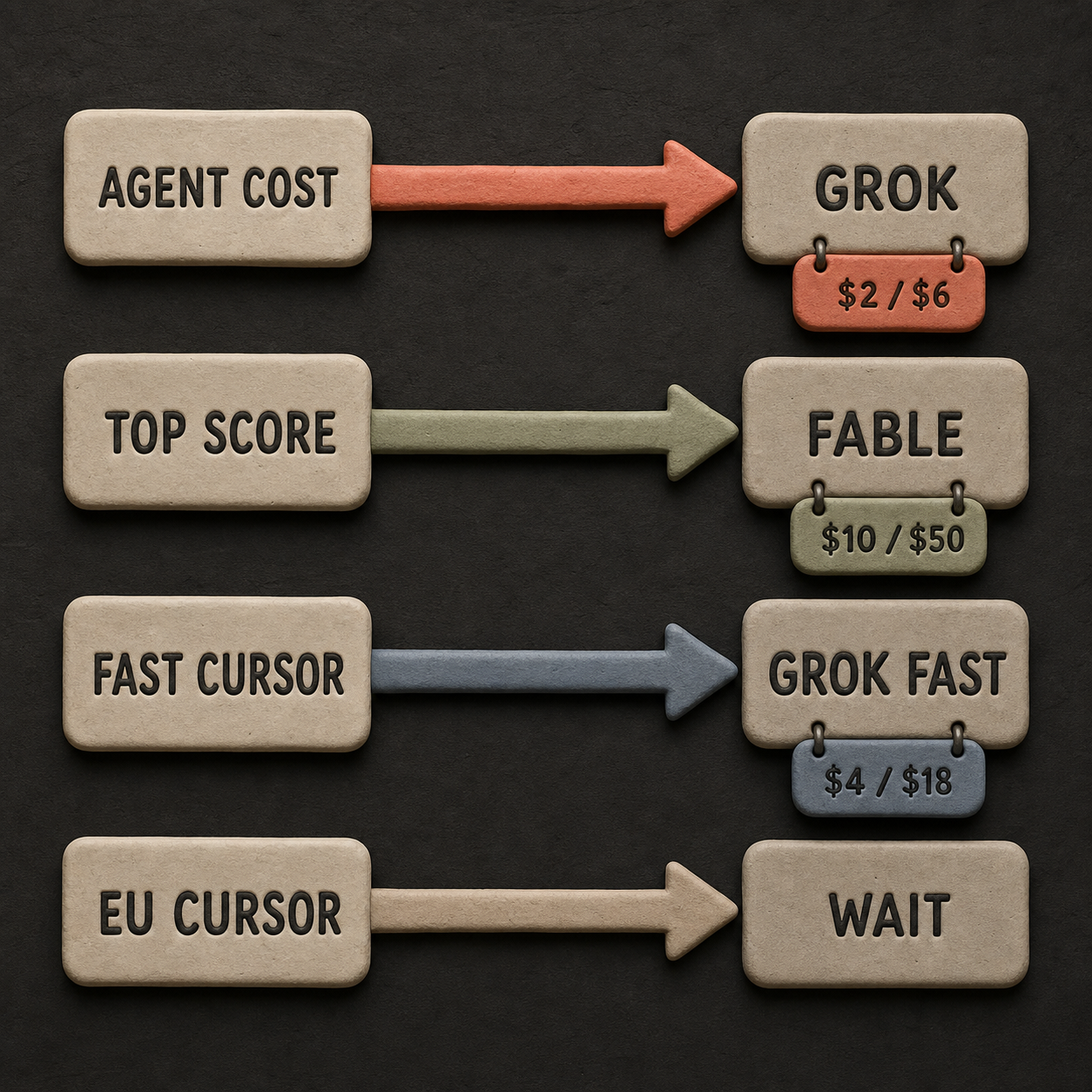 Decision map for choosing Grok 4.5, Fable 5, Composer 2.5, or waiting