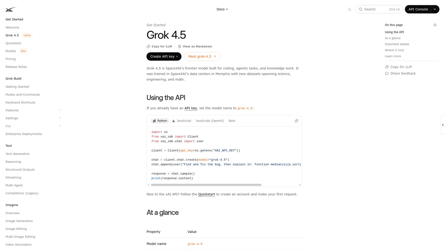 SpaceXAI Grok 4.5 model documentation showing pricing, capabilities, and access