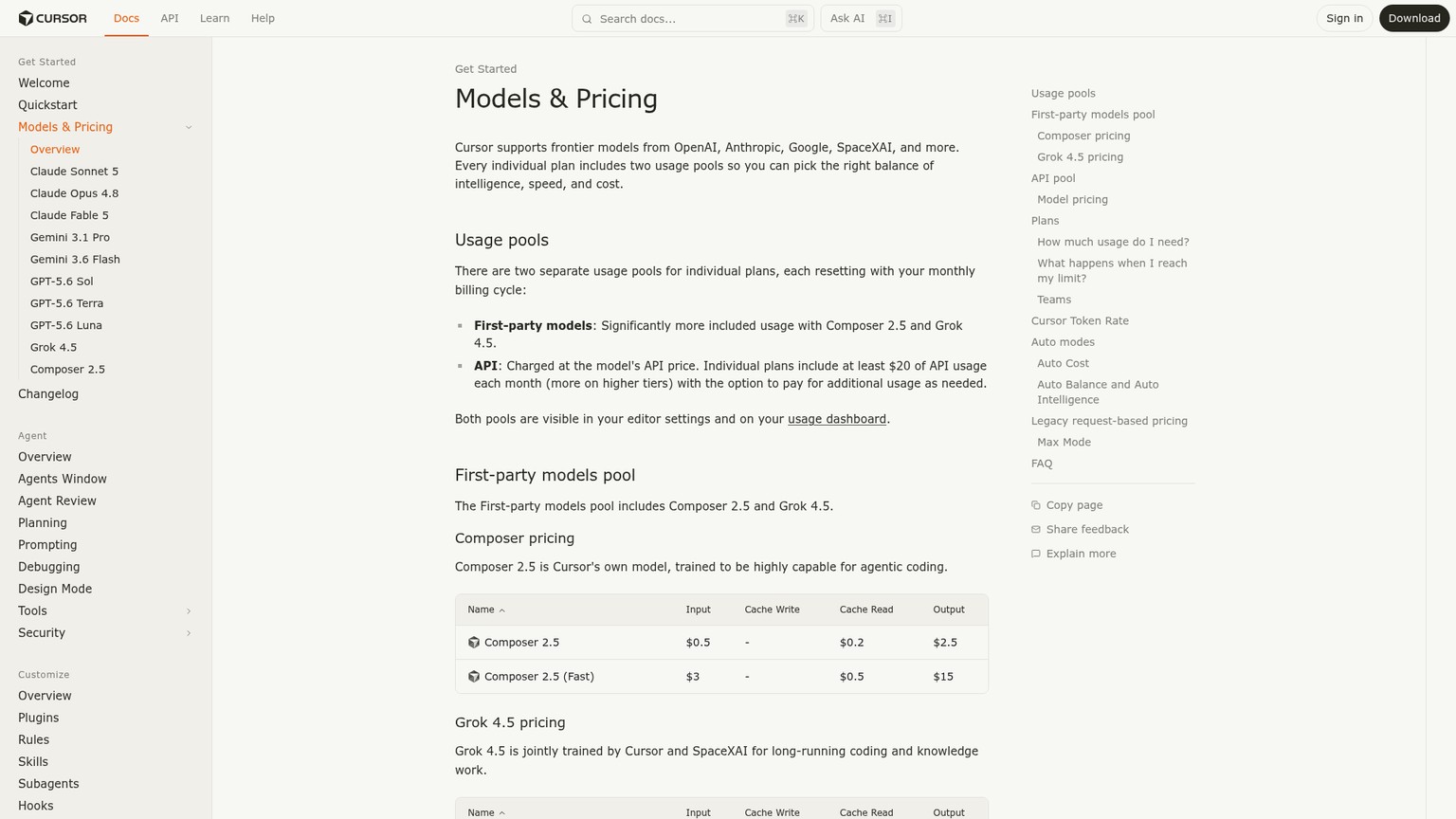 Cursor models and pricing page with Grok 4.5 and competing model token rates