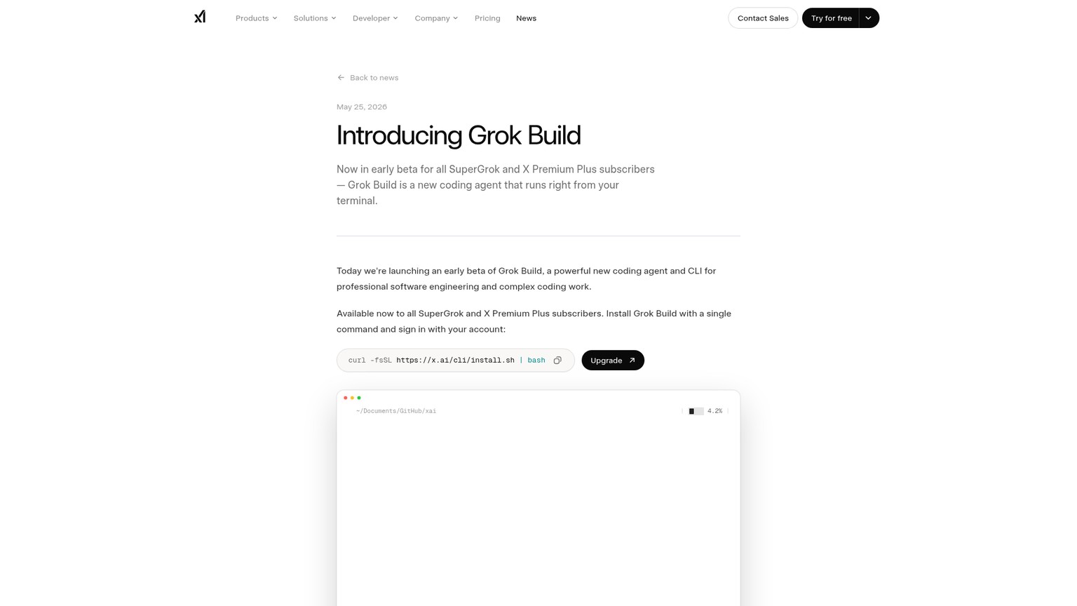 Pagina di lancio della CLI Grok Build di xAI