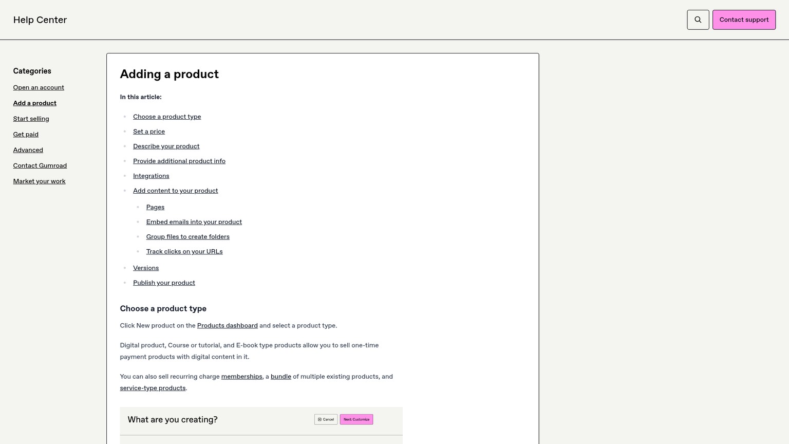 Gumroad Help Center Workflow zur Produkterstellung