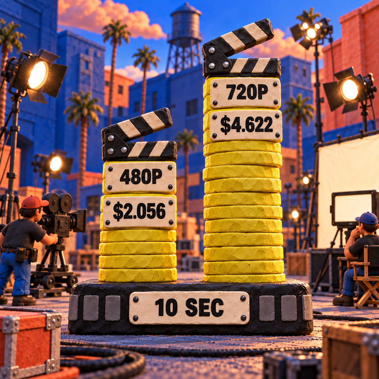 Clay bars comparing the normal-rate cost of one ten-second Seedance 2.5 clip at 480p and 720p