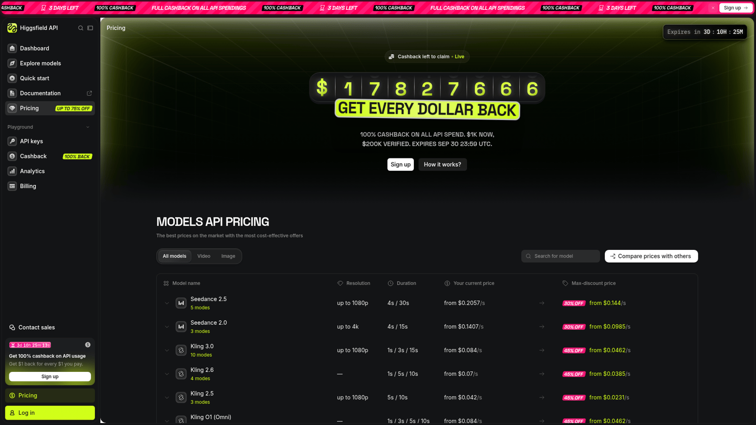 Higgsfield API pricing page with model rates and concurrency thresholds
