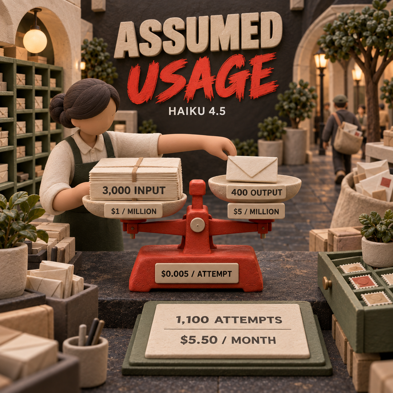 A clay postal weighing counter shows an assumed Haiku attempt: 3,000 input tokens and 400 output tokens cost $0.005; 1,100 attempts cost $5.50