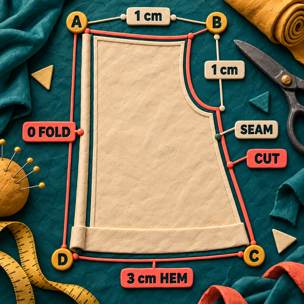 Plasticine diagram of a pattern piece showing its seam line, cutting line, default allowance, zero fold edge, wider hem, and four corner nodes