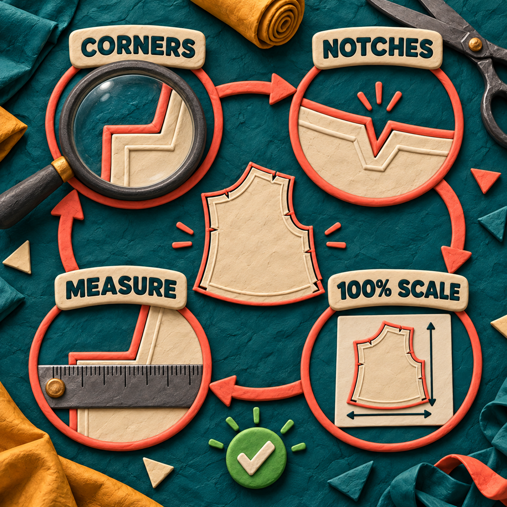 Plasticine quality-control flow checking corners, notches, 100 percent export scale, and a measured test output