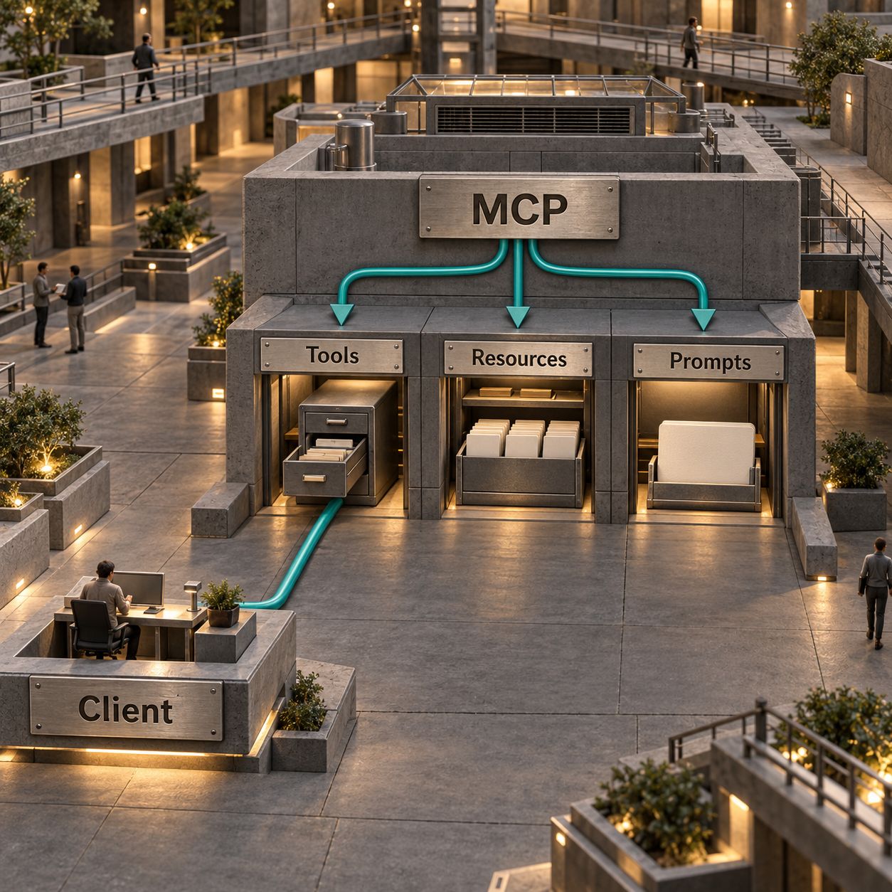 Eine architektonisch gestaltete MCP-Anlaufstelle mit getrennten Bereichen für Tools, Ressourcen und Prompts, die mit einem Client verbunden sind