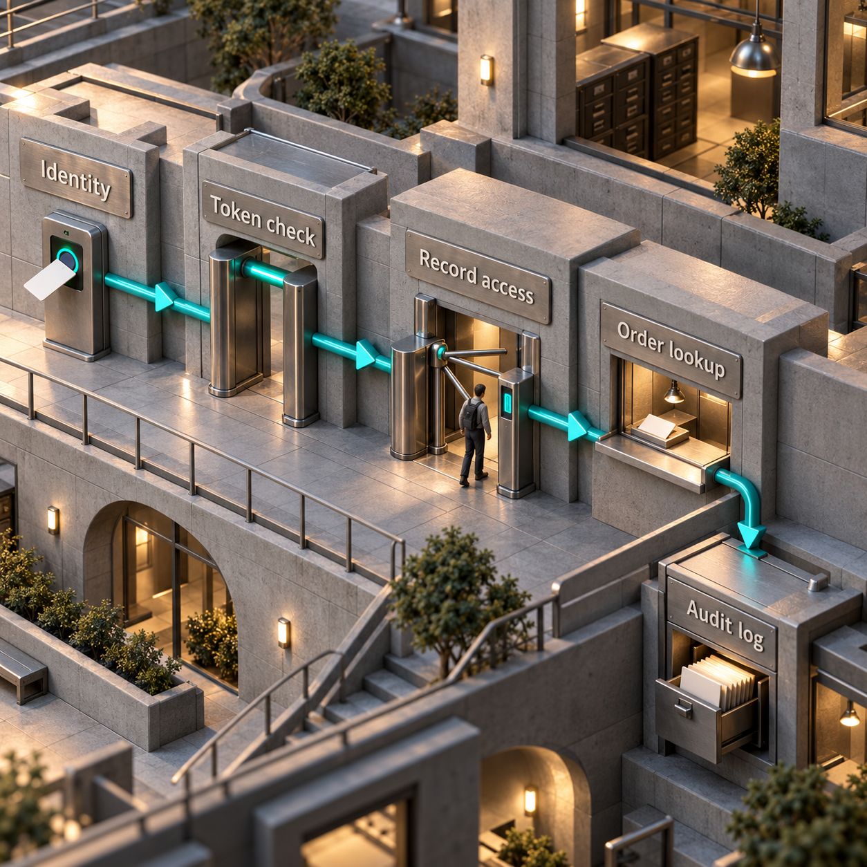 Ein architektonisch gestalteter Sicherheitsablauf führt von der geprüften Identität über Token-Prüfungen zu einer Bestellabfrage mit reinem Lesezugriff und einem Audit-Protokoll
