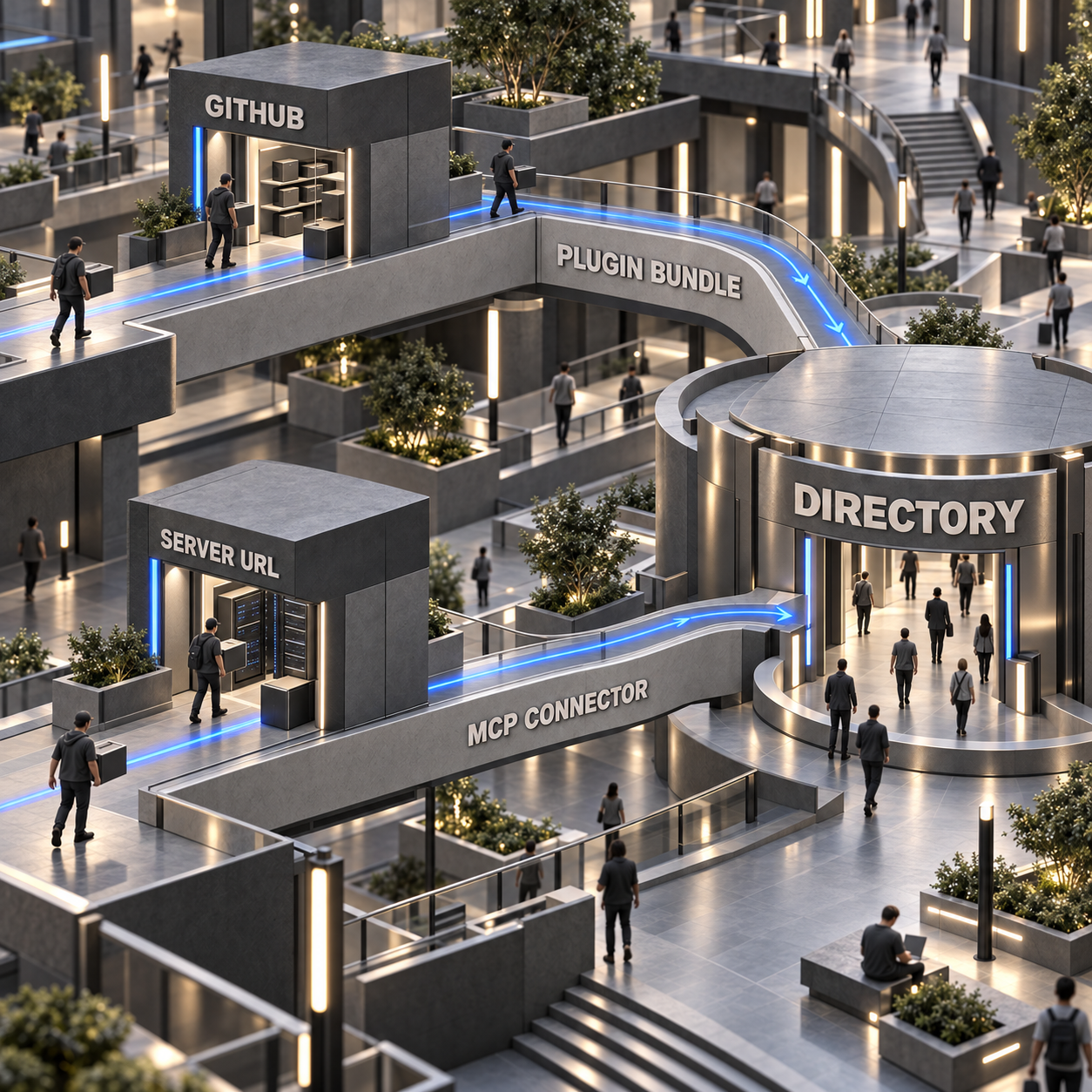 Schéma architectural montrant les parcours distincts du plugin bundle et du connecteur MCP vers l’annuaire Claude