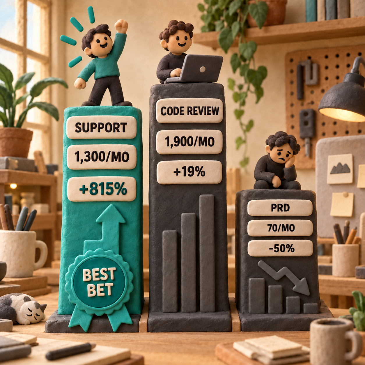 Clay demand scoreboard comparing support agents, code review, and PRD generation