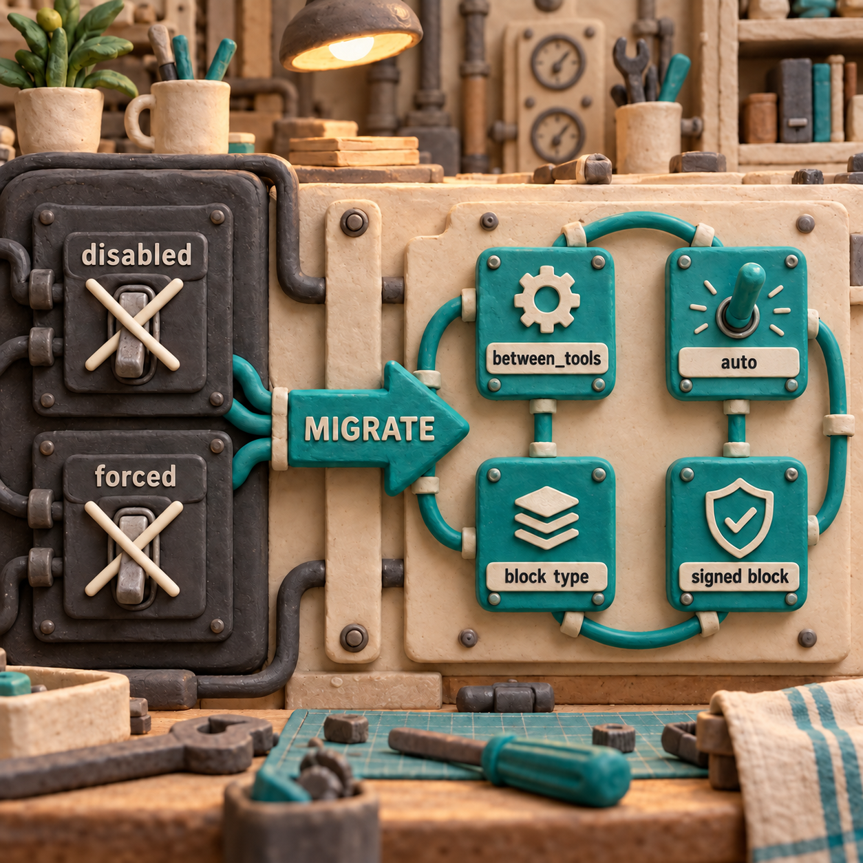 Clay API migration switchboard showing new thinking, tool choice, block parsing, and signature rules