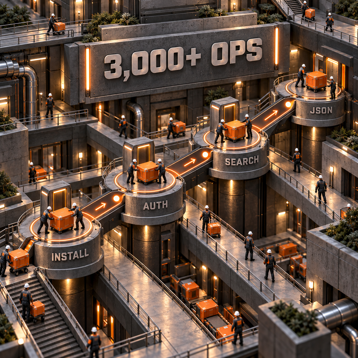 Flujo arquitectónico que muestra instalación, autenticación, búsqueda de comandos y salida JSON para más de 3,000 operaciones