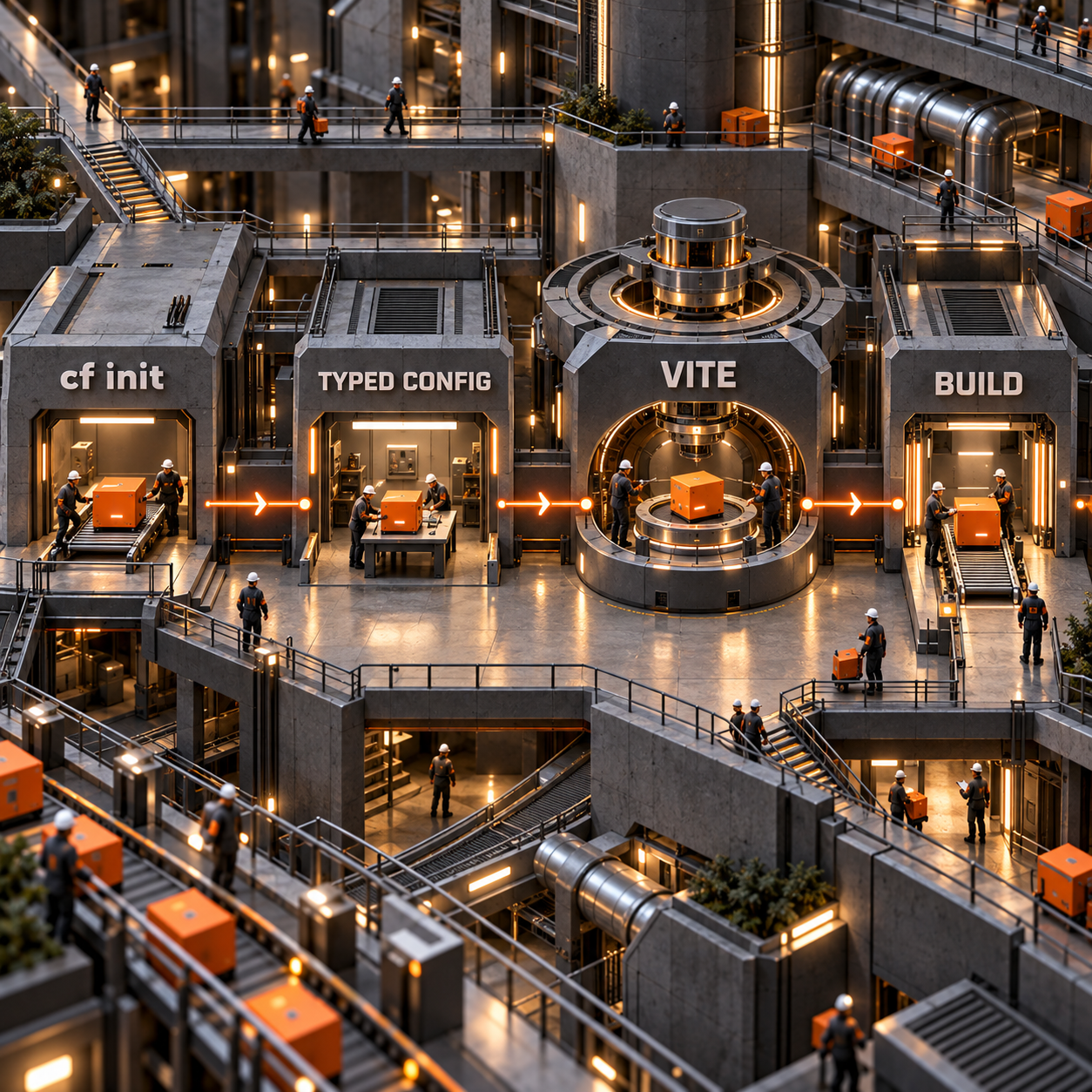 Flujo arquitectónico de un Worker desde cf init hasta la configuración tipada, Vite y una compilación local