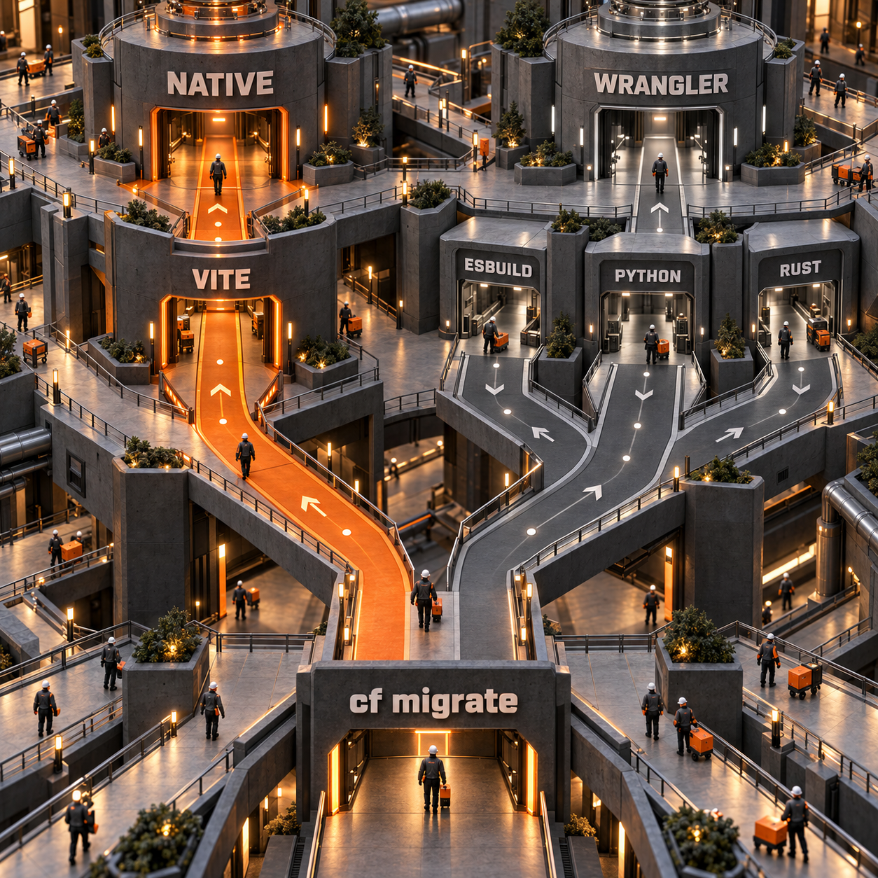 Ruta de decisión arquitectónica donde Vite permanece nativo en cf y esbuild, Python y Rust continúan mediante Wrangler