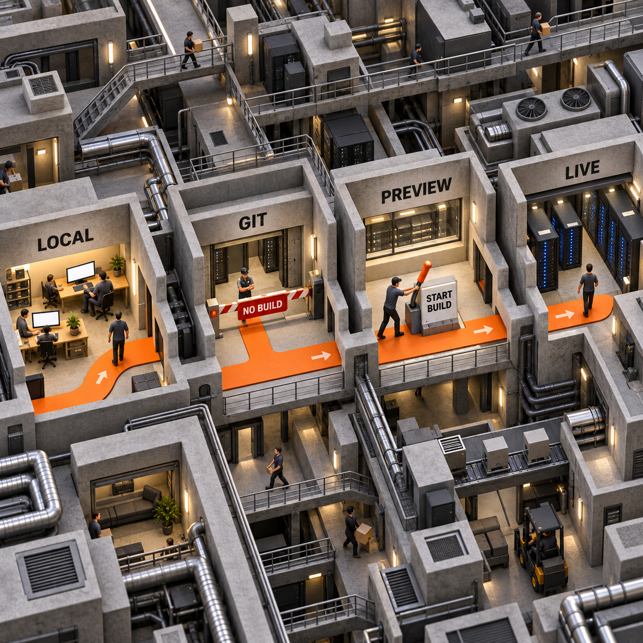 Architectural flow from local development through Git and preview to a live managed app