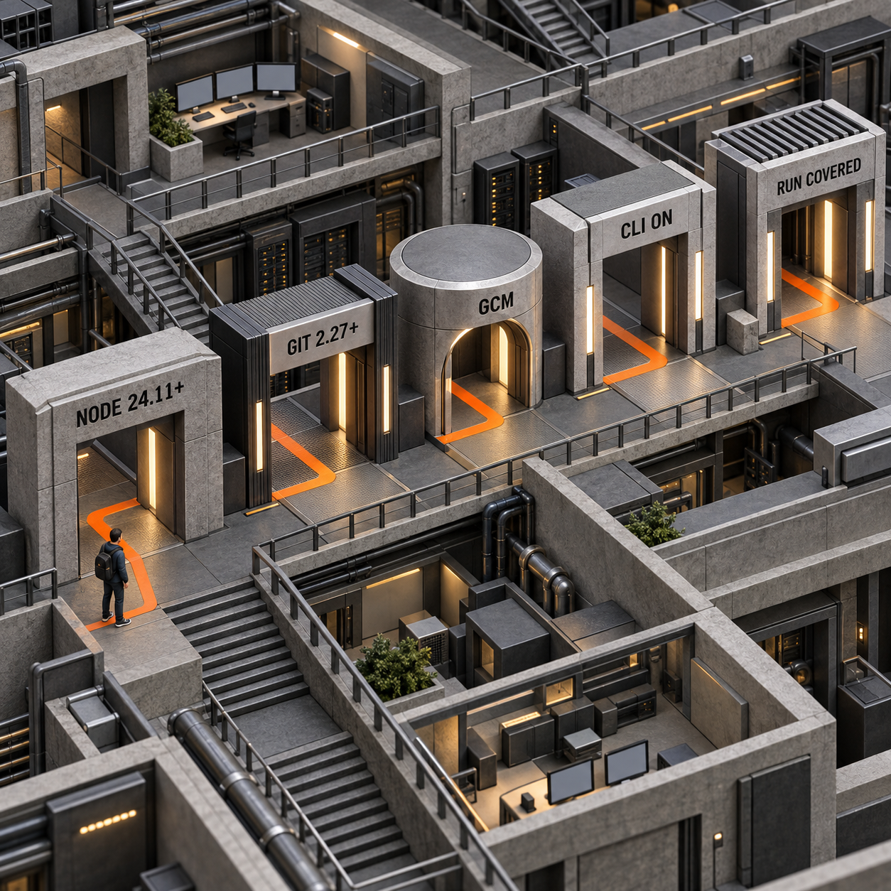 Five architectural gates for Node, Git, Git Credential Manager, tenant CLI access, and runtime coverage