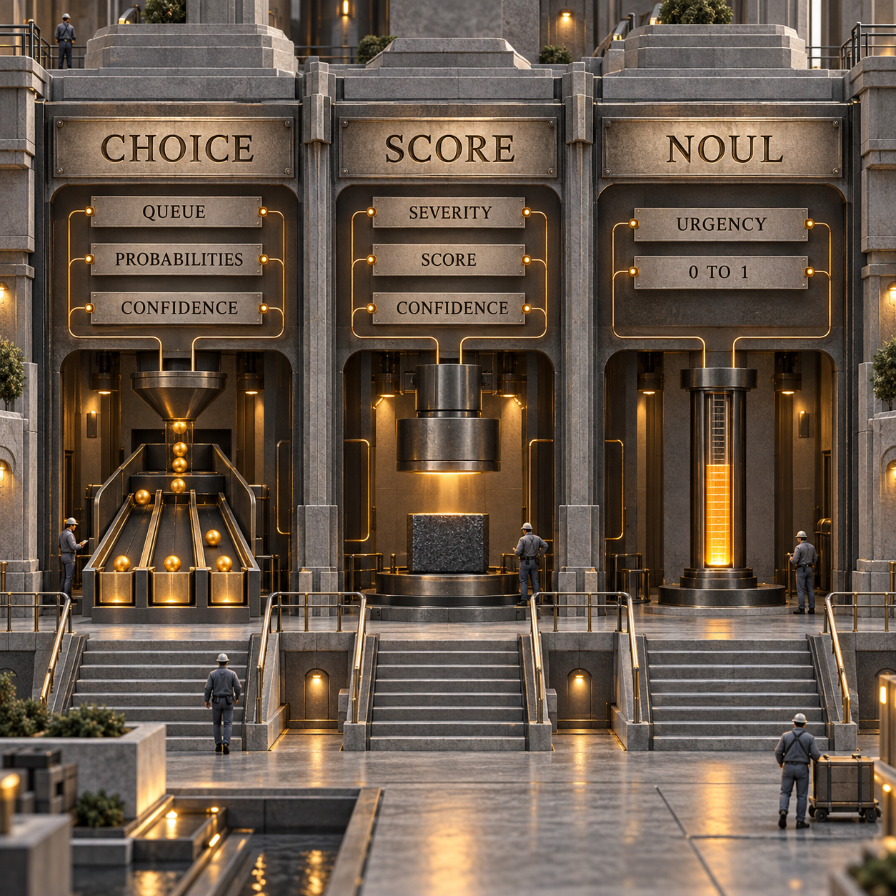 Architectural comparison of Jev Choice for queue, Score for severity, and Noul for urgency with their distinct return fields