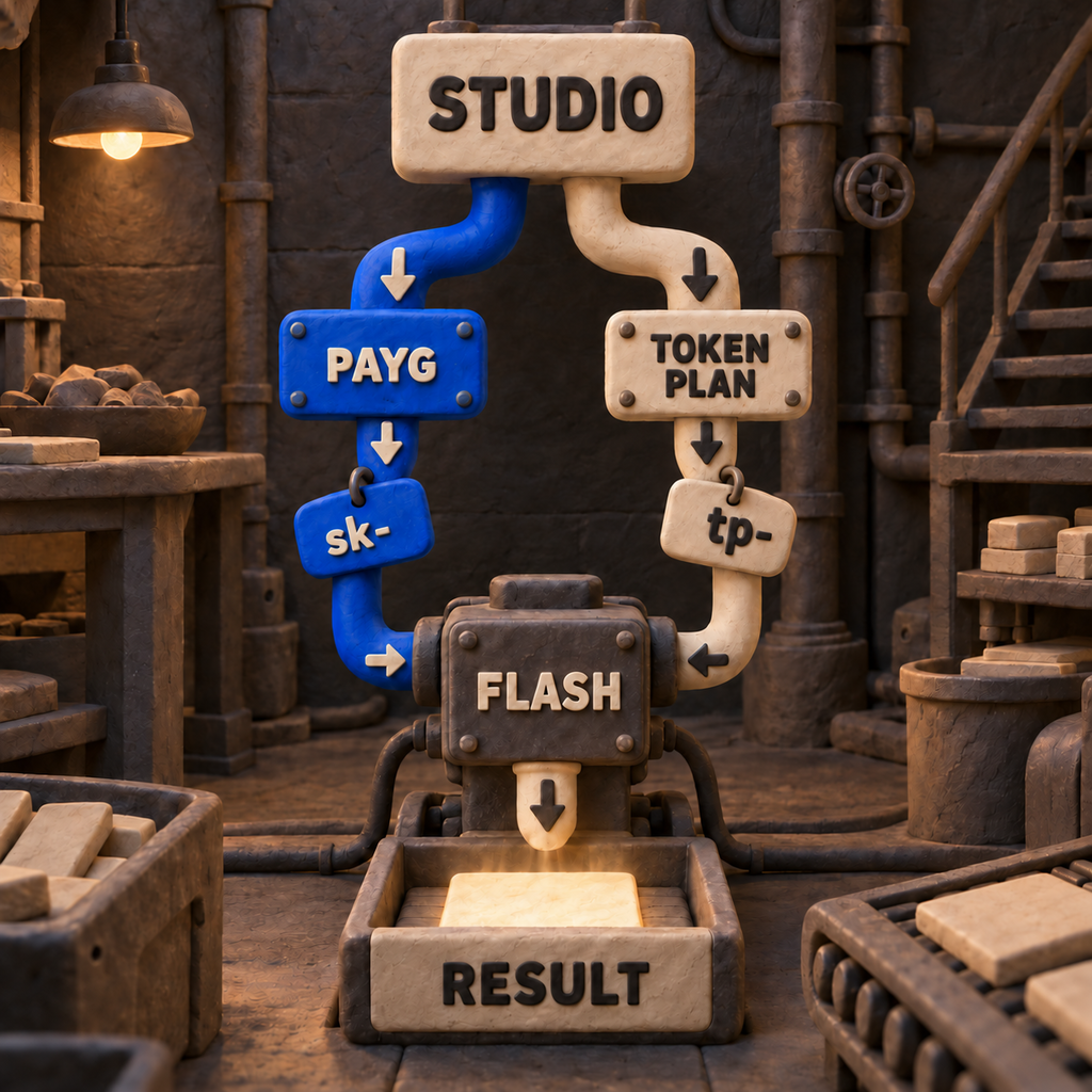 Infografica in argilla che mostra MiMo Studio dividersi nei percorsi pay-as-you-go e Token Plan prima di arrivare a Flash e a un risultato