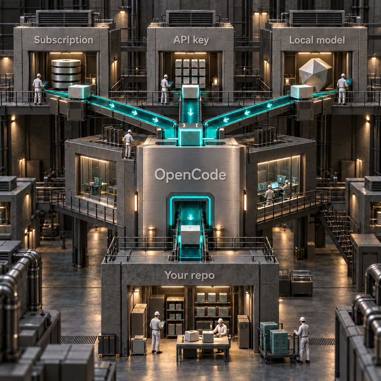 Three connection routes, Subscription, API key and Local model, feed OpenCode, which works on Your repo.