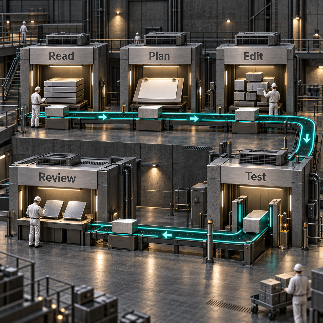 An architectural service rail connects Read, Plan, Edit, Test and Review in order.