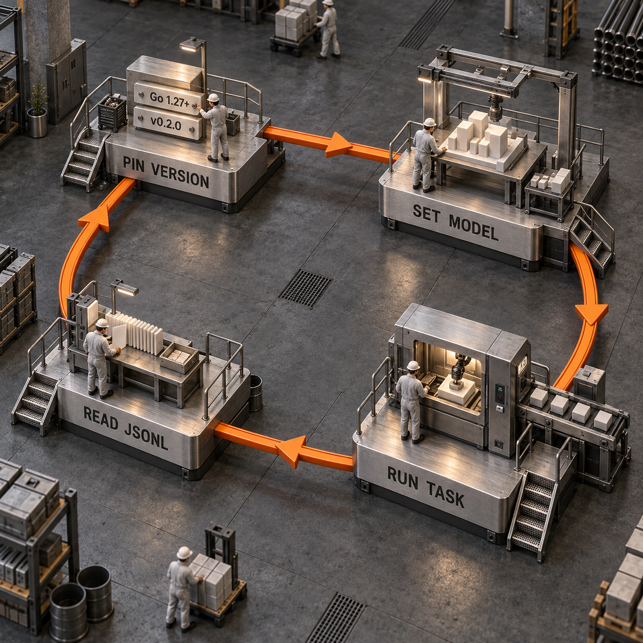 Architectural workflow showing a pinned Unreal Agent runner moving from model and workspace setup to a bounded task and JSONL evidence