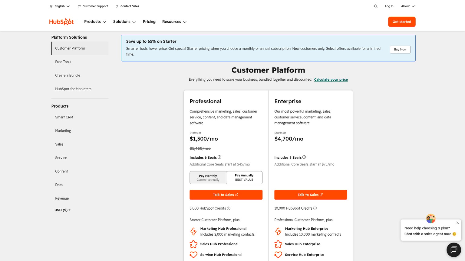 Pagina dei prezzi della HubSpot Customer Platform con i piani Professional ed Enterprise