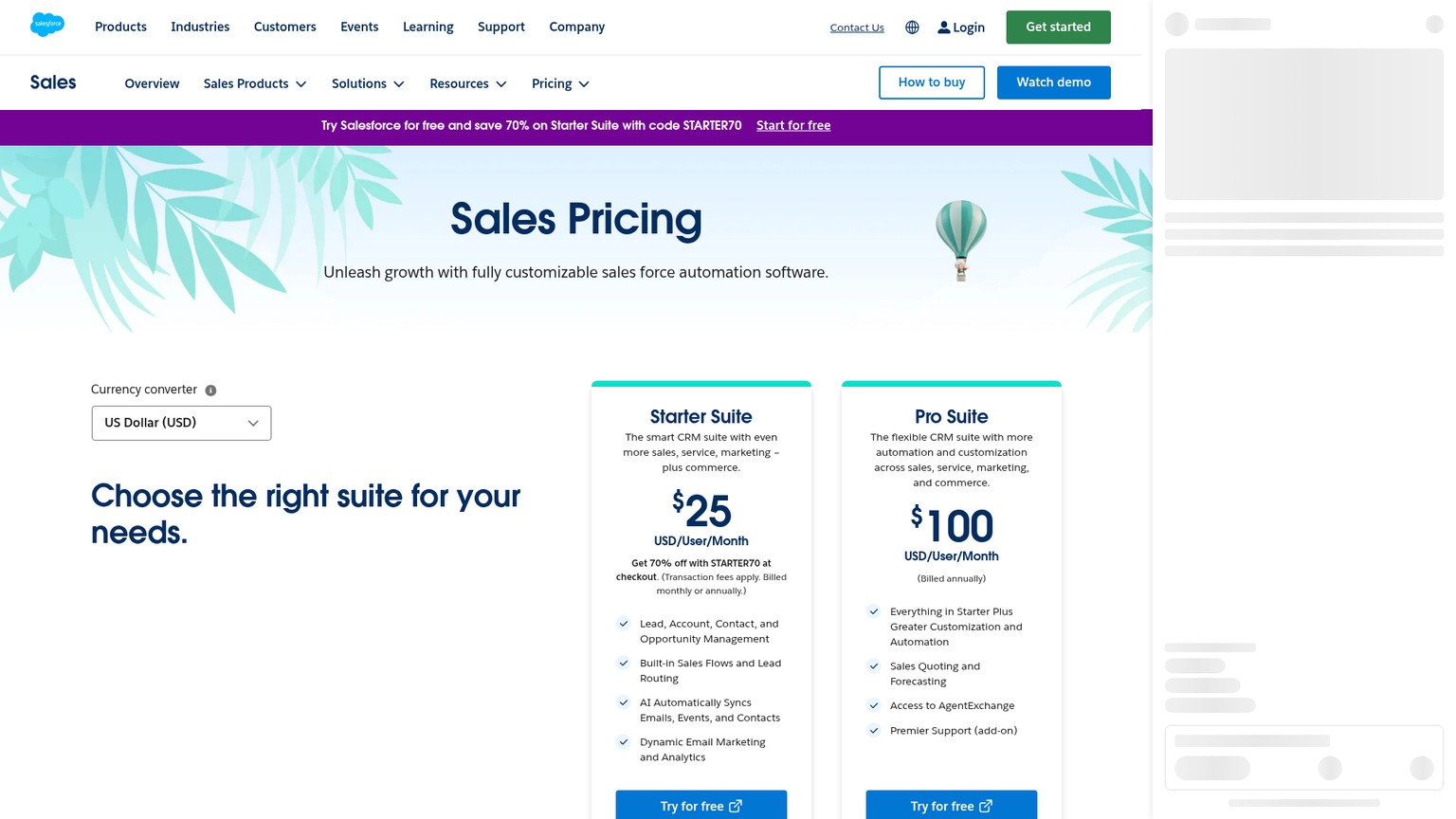 Pagina dei prezzi Sales di Salesforce con i piani da Free ad Agentforce 1 Sales