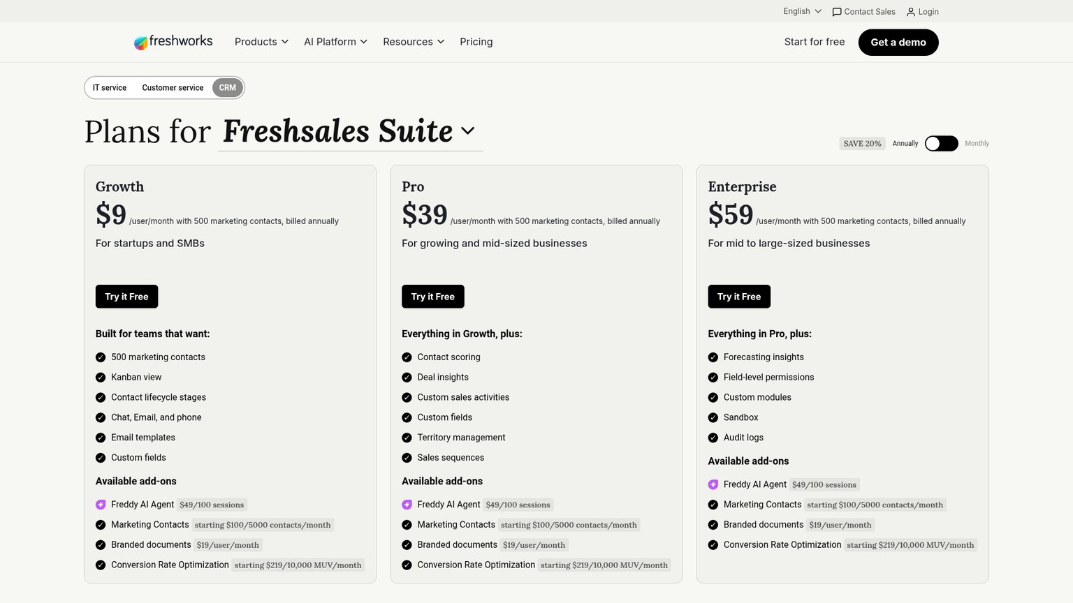 Pagina dei prezzi di Freshsales Suite con i piani Growth, Pro ed Enterprise