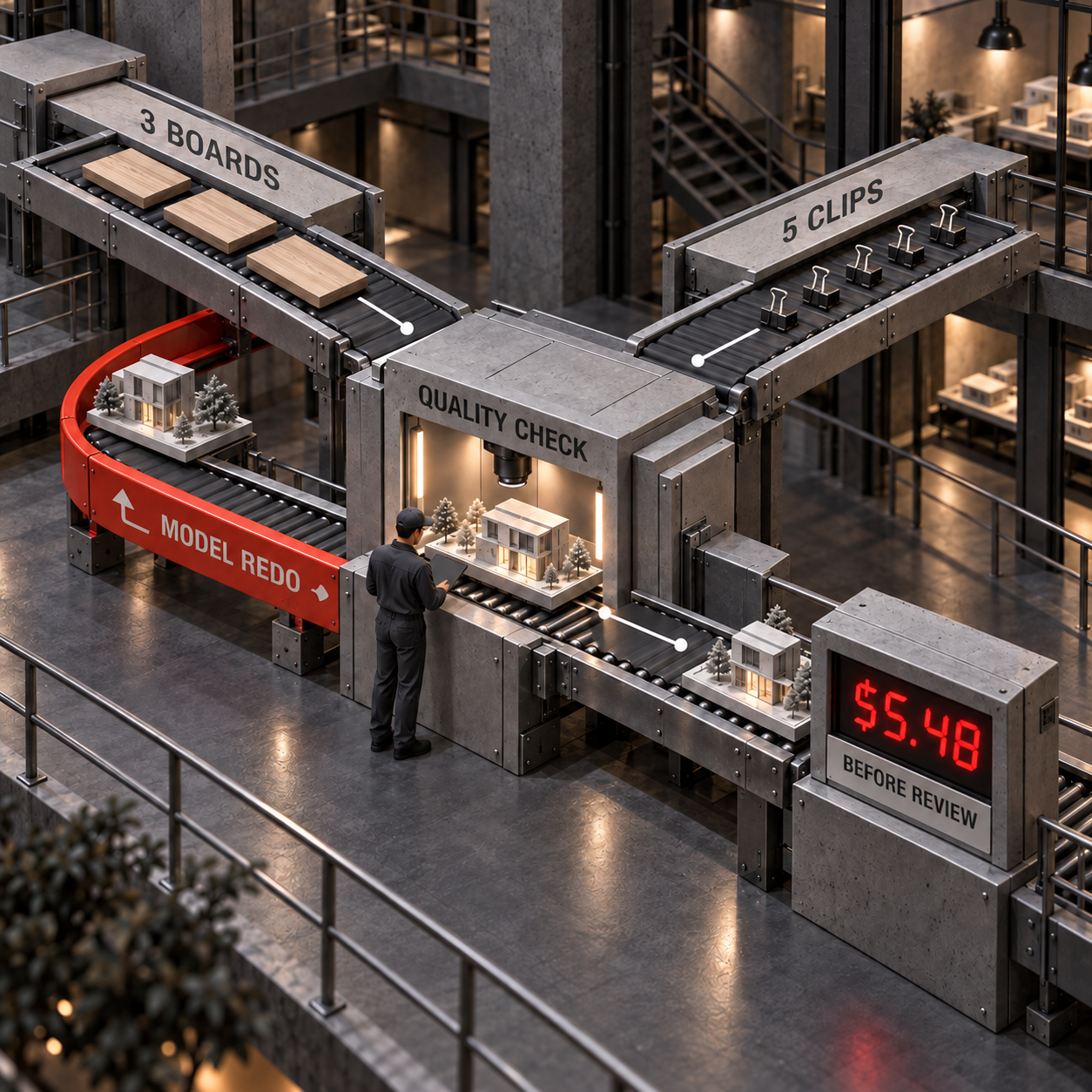 Flujo arquitectónico en el que tres viñetas y cinco clips pasan a un control de calidad, entran en un ciclo de repetición decidido por el modelo y acumulan $5.48 antes de la revisión humana