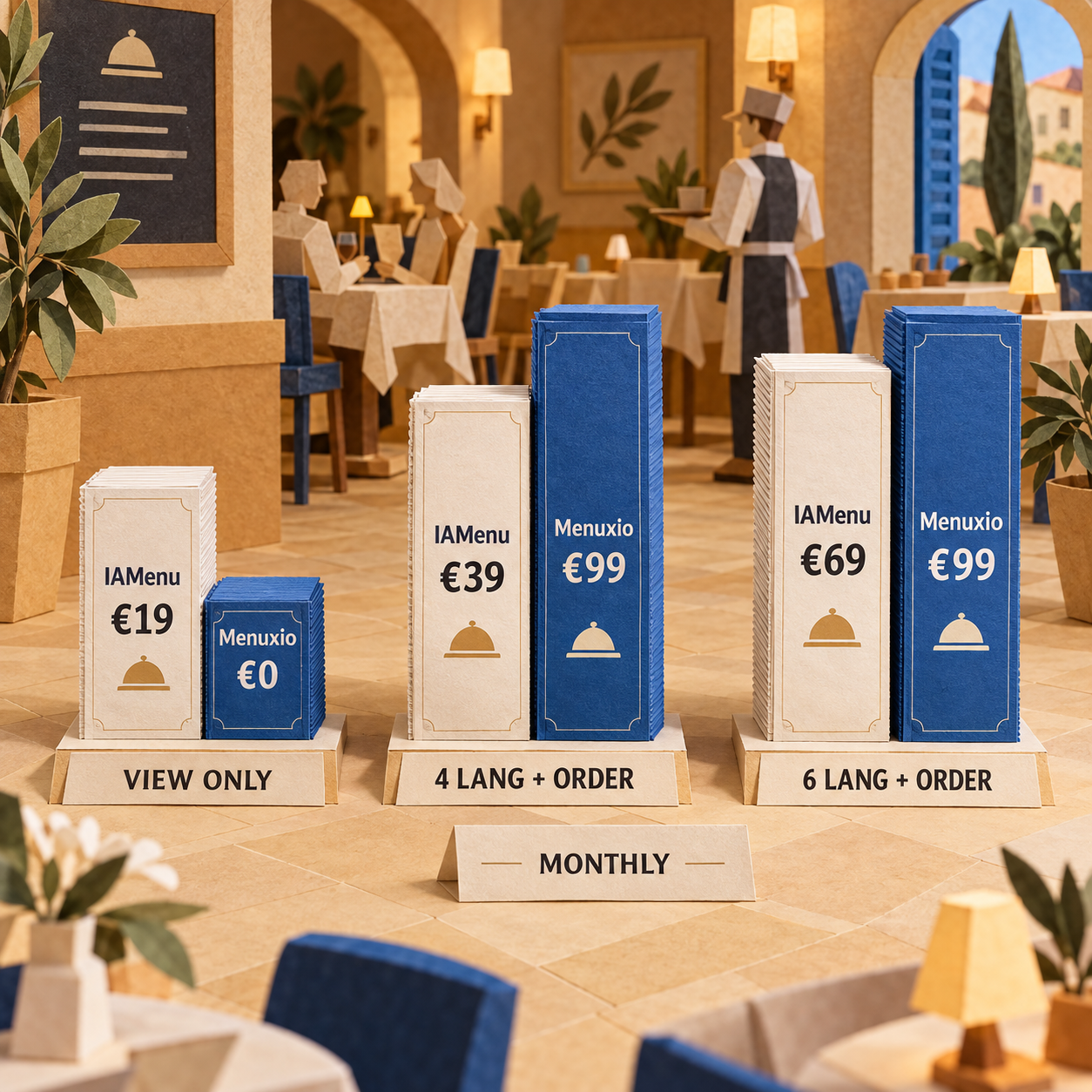 Coût mensuel d’IAMenu et de Menuxio pour trois configurations de restaurant comparables