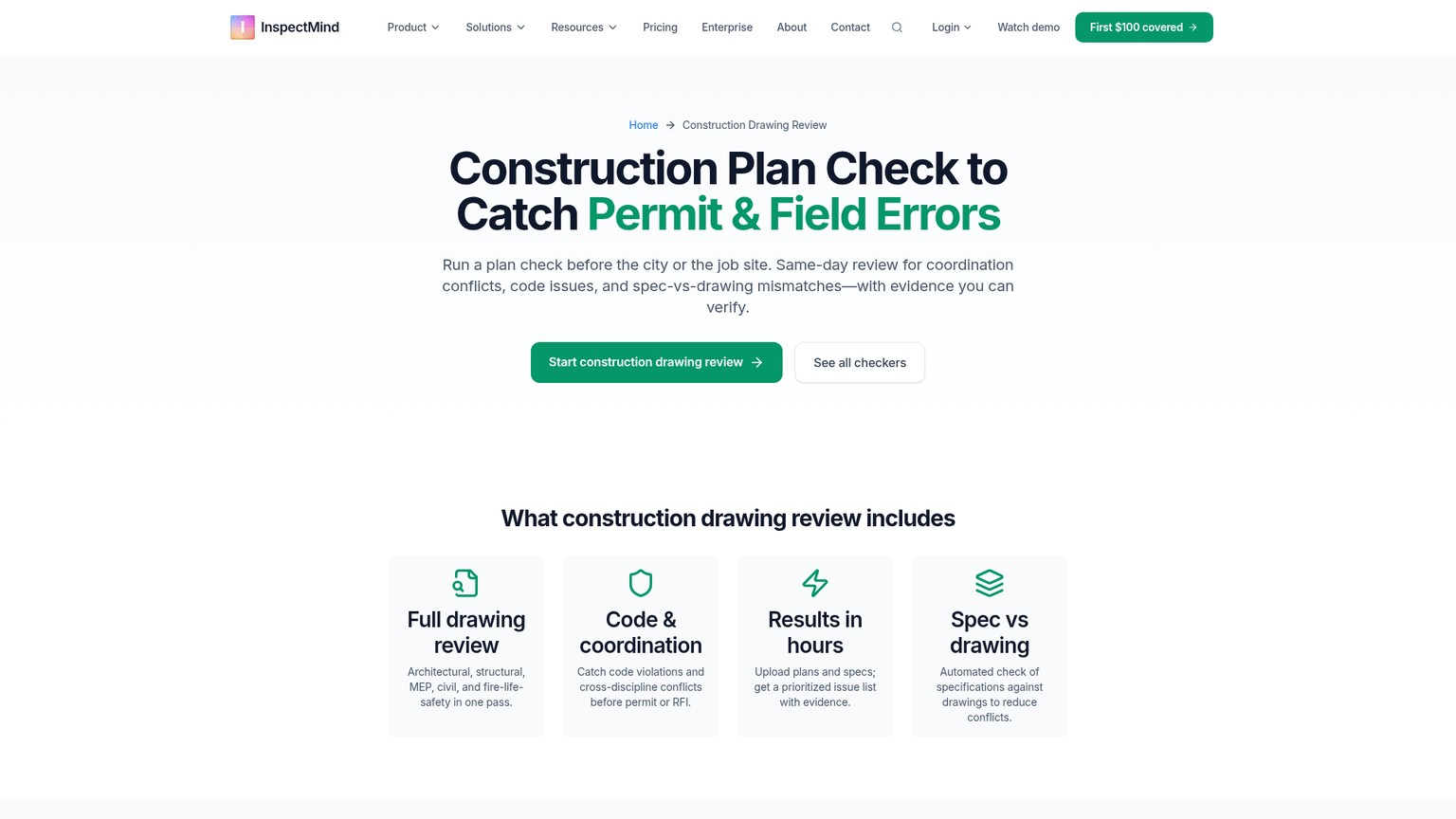 InspectMind construction drawing review page listing disciplines and review categories