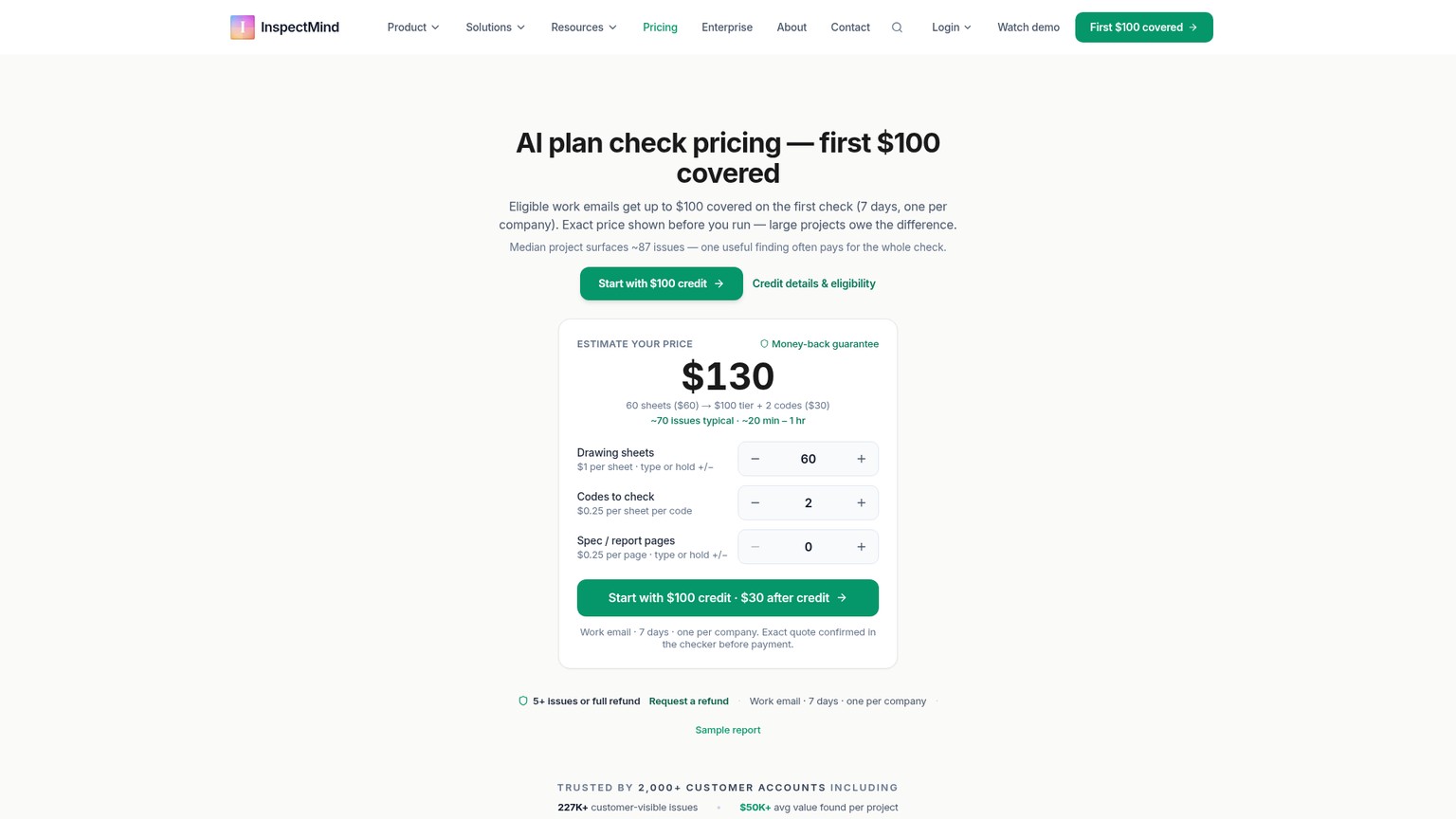 InspectMind pricing page showing per-check sheet tiers and code surcharges