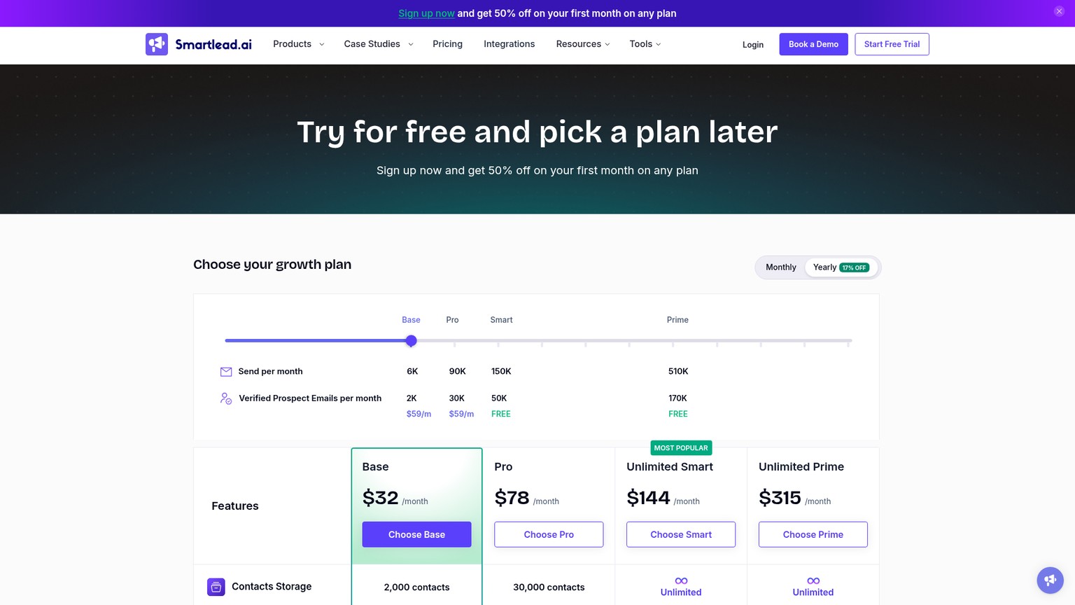 Smartlead's live pricing page with its monthly sending plans