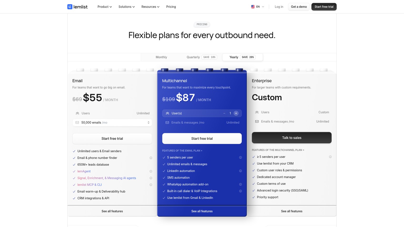 lemlist's live pricing page showing separate Email and Multichannel plans