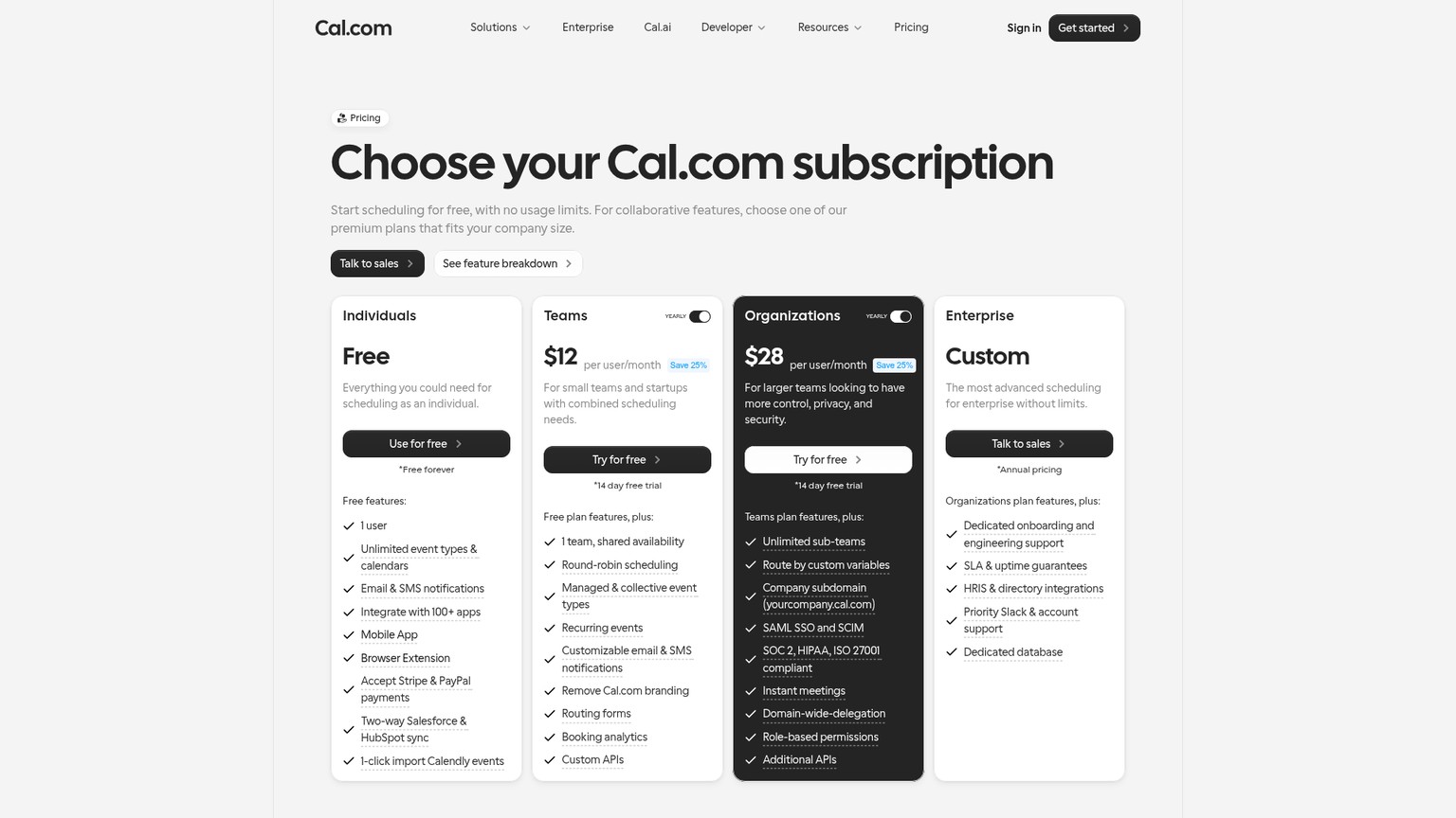 Cal.com pricing page showing Individual Free and paid team plans