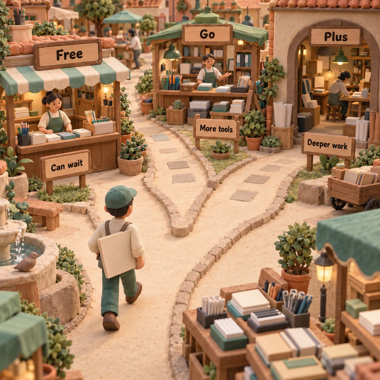 A market path links waiting tolerance to Free, more tool capacity to Go, and deeper work to Plus