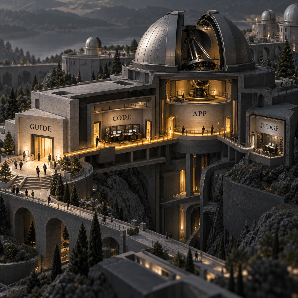 Architectural cutaway separating the guide, Claude Code, application, and optional judge billing surfaces