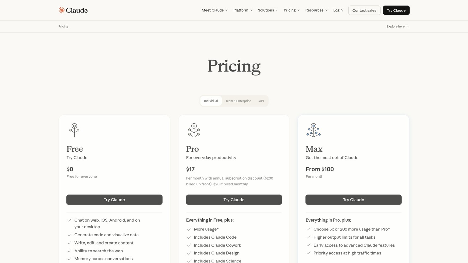 Claude pricing page showing Free, Pro, Max, Team, Enterprise, and API plans
