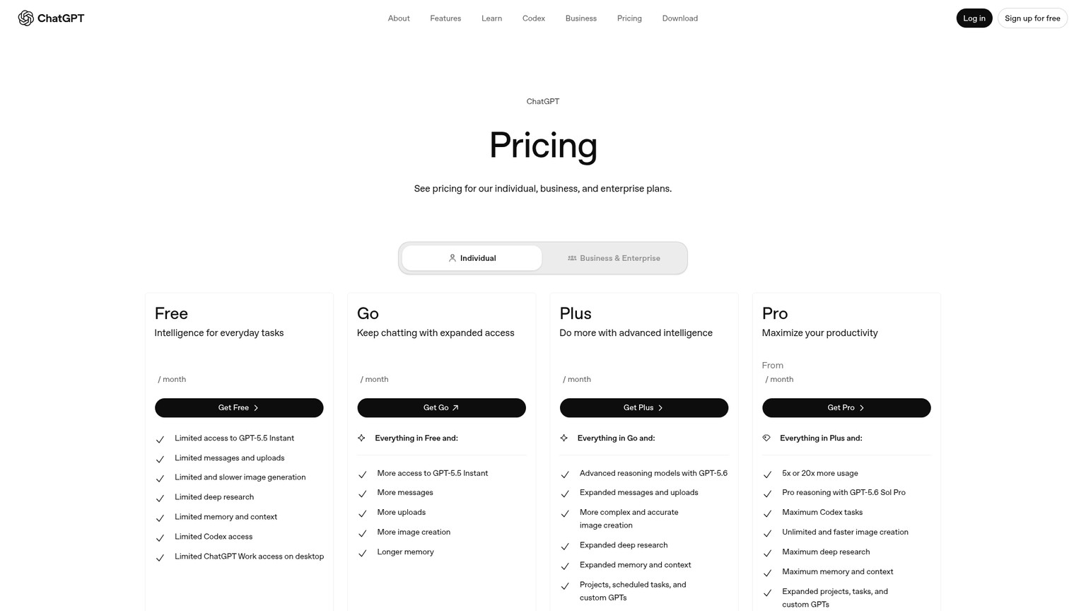 ChatGPT pricing page showing Free, Go, Plus, and Pro prices