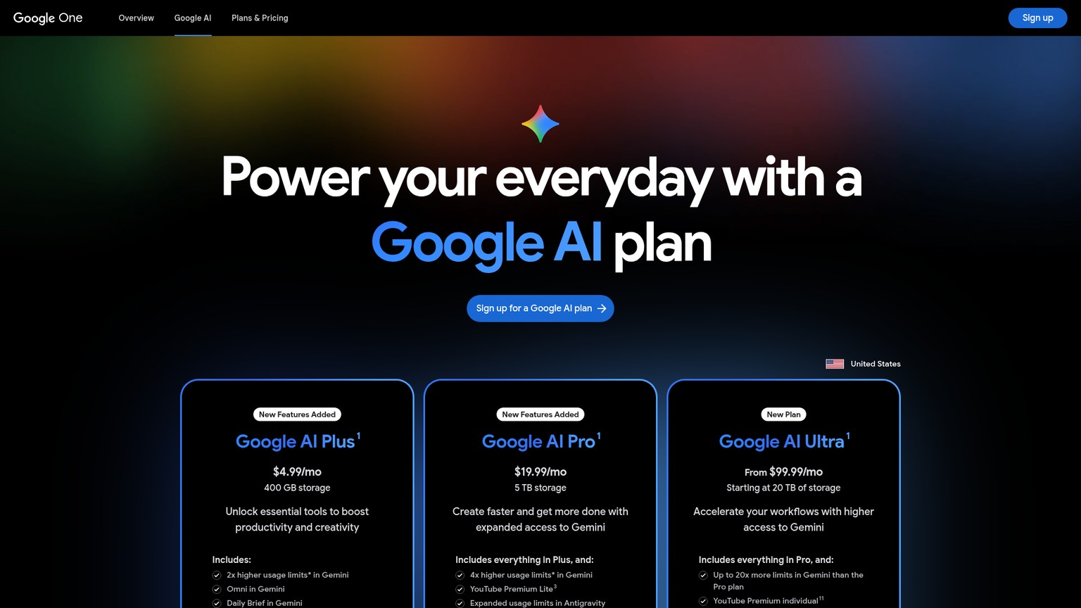 Google AI plans page showing Plus, Pro, and Ultra pricing