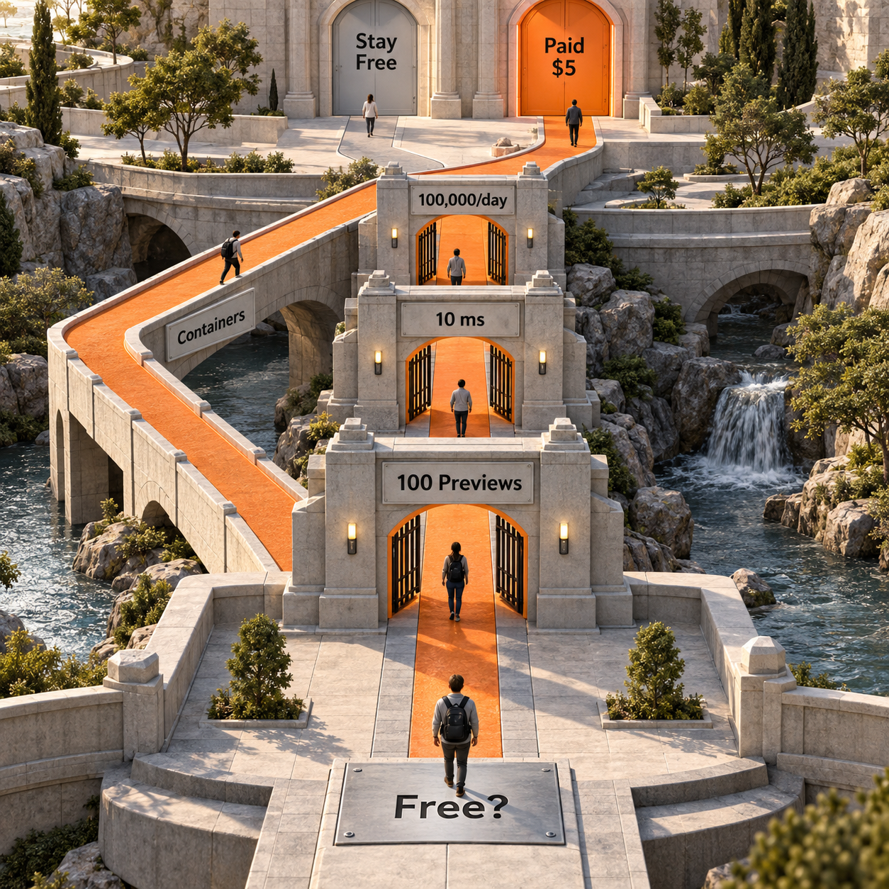 Percorso decisionale architetturale che verifica 100 Preview, 10 millisecondi e 100,000 richieste giornaliere prima di scegliere Free o Paid