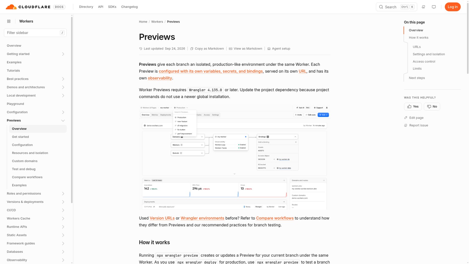 Cloudflare Worker Previews documentation showing branch environments and Preview limits