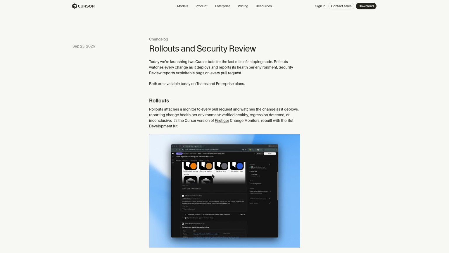 Cursor launch page for Rollouts and Security Review