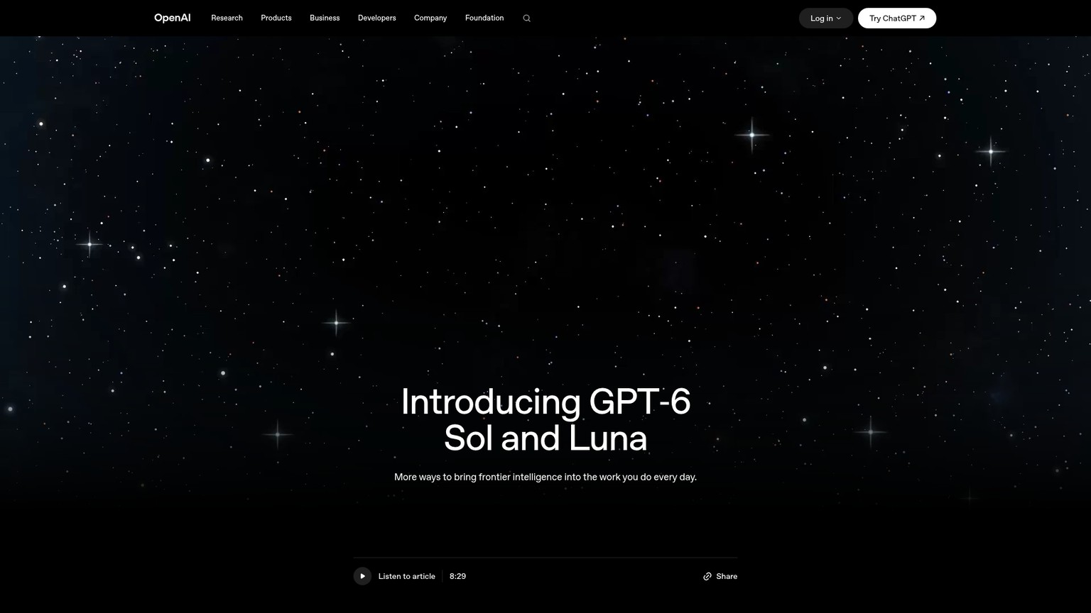 صفحة إعلان OpenAI عن GPT-6 Sol وGPT-6 Luna