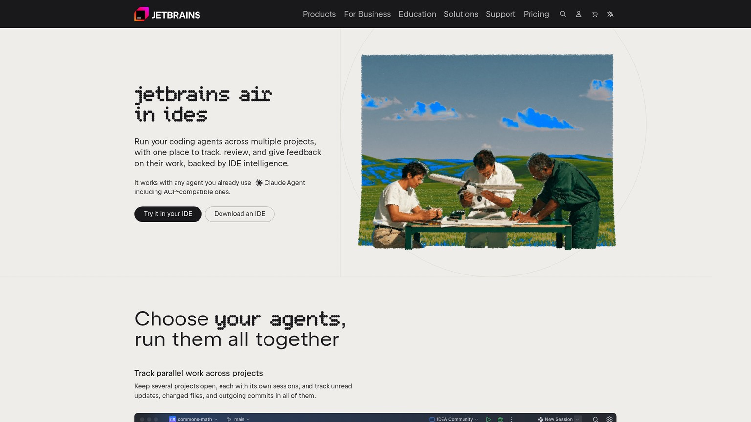JetBrains Air in IDEs product page showing supported coding agents
