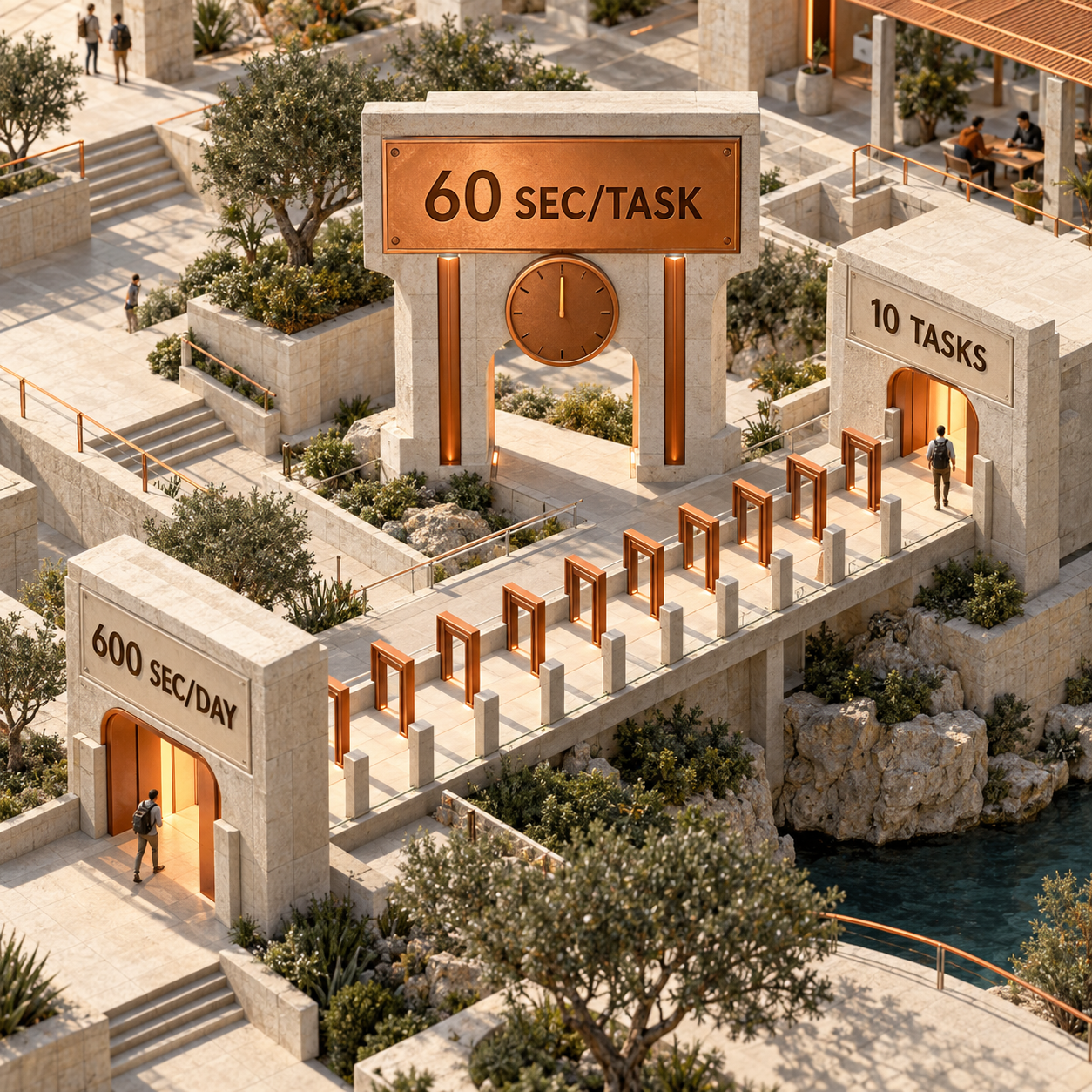 Architectural time budget dividing 600 browser seconds into 10 tasks at 60 seconds per task