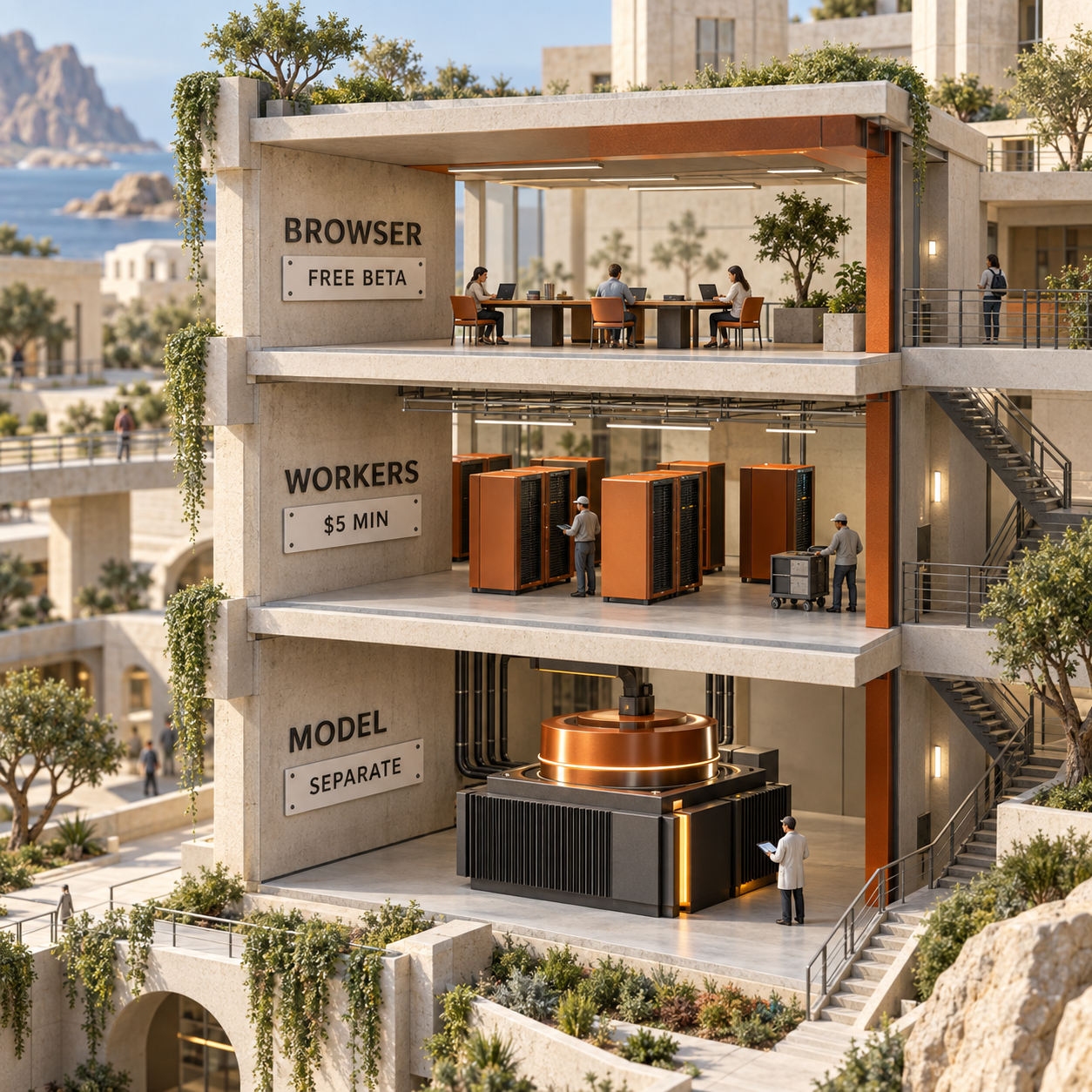 Architectural cutaway separating Kitesurf beta, Workers plan, and model API cost boundaries