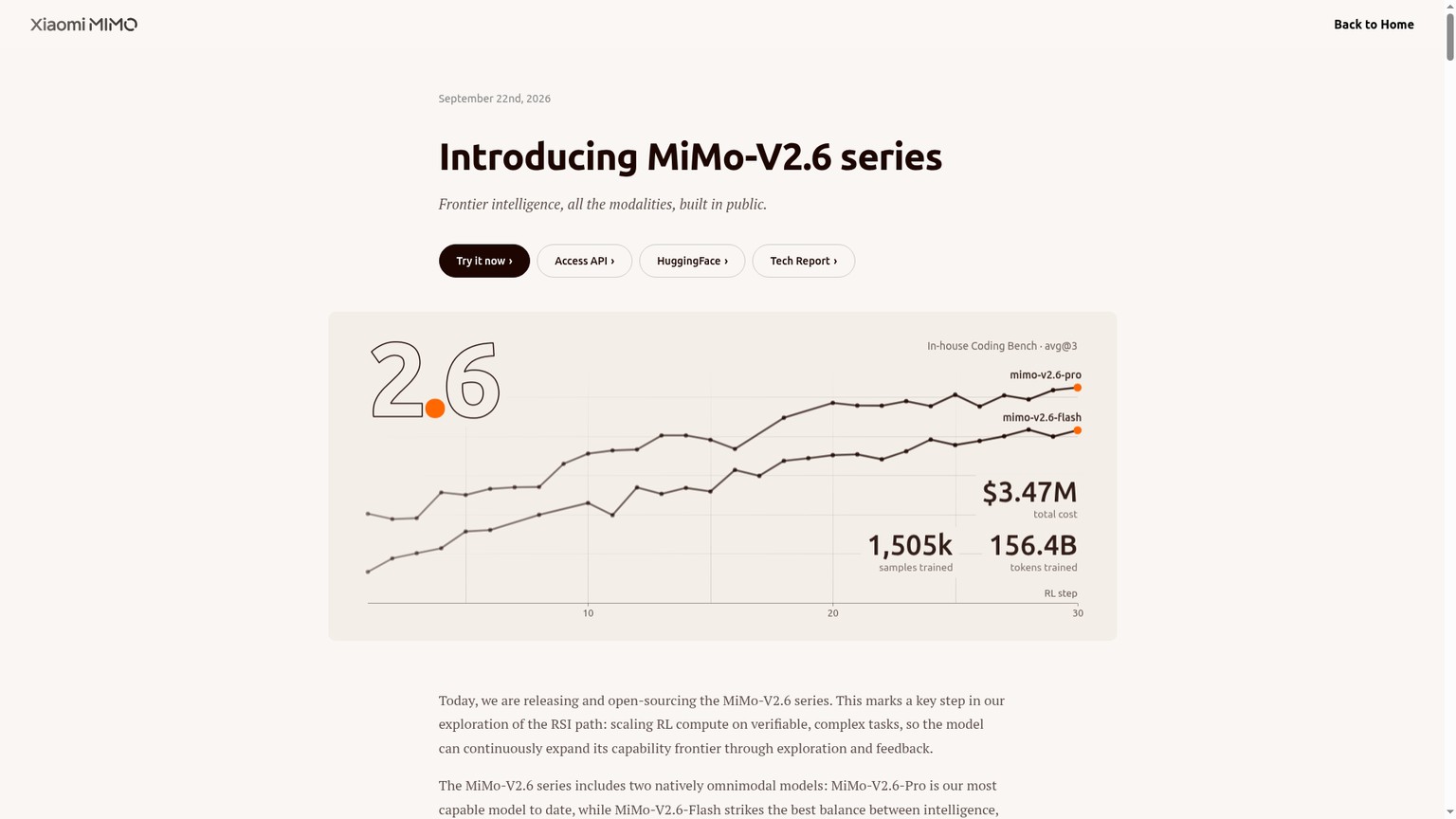 ProとFlashのリリースを掲載したXiaomi MiMo-V2.6のローンチページ